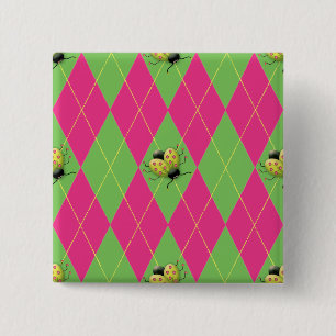 Pink & Green Argyle Ladybug 15 Cm Square Badge
