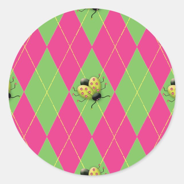 Pink & Green Argyle Ladybug Classic Round Sticker (Front)