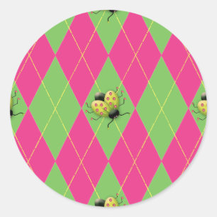 Pink & Green Argyle Ladybug Classic Round Sticker