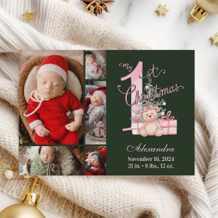 Pink Green Baby First Christmas 5 Photo   Holiday Card