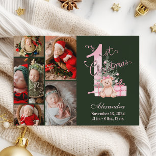 Pink Green Baby First Christmas 6 Photo   Holiday Card