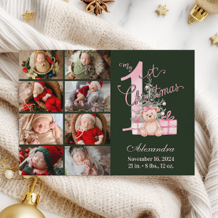 Pink Green Baby First Christmas 8 Photo Holiday Card