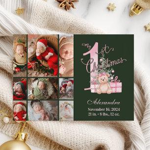 Pink Green Baby First Christmas 9 Photo   Holiday Card