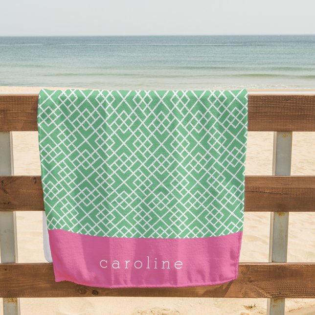 Pink & Green Bamboo Lattice Pattern | Personalised Beach Towel (Creator Uploaded)