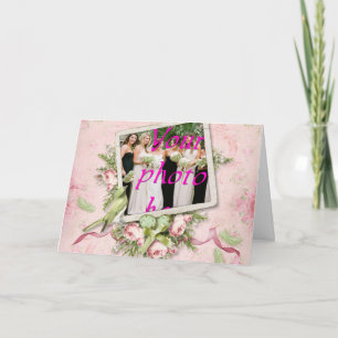 Pink Green Bird Roses Ribbon Greeting Card