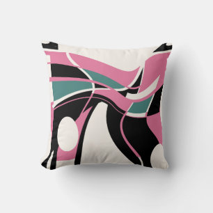 Pink Green Black on Off-White Swirling Art Motif Cushion