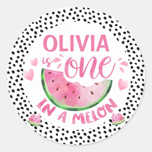 Pink Green Black One In A Melon 1st Birthday  Classic Round Sticker (Front)