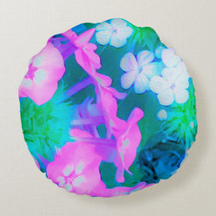 Pink, Green, Blue and White Garden Phlox Flowers Round Cushion