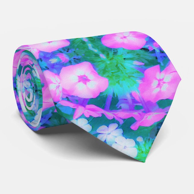 Pink, Green, Blue and White Garden Phlox Flowers Tie (Rolled)