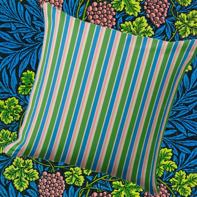 Pink Green Blue Cream Stripe Outdoor Pillow (Coordinating stripe and floral)