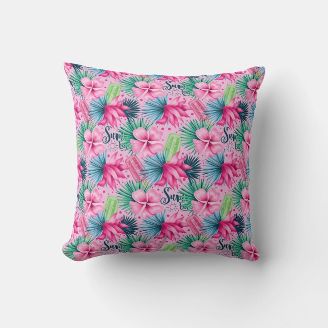  Pink Green Blue Flowers Floral Bright Tropical Cushion (Front)