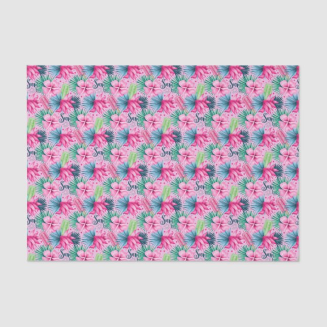  Pink Green Blue Flowers Floral Bright Tropical  Tissue Paper (Front)