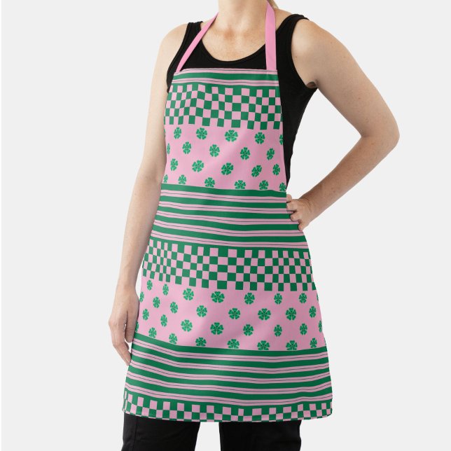 Pink Green Boho Check Floral Stripes Pattern Apron (Creator Uploaded)