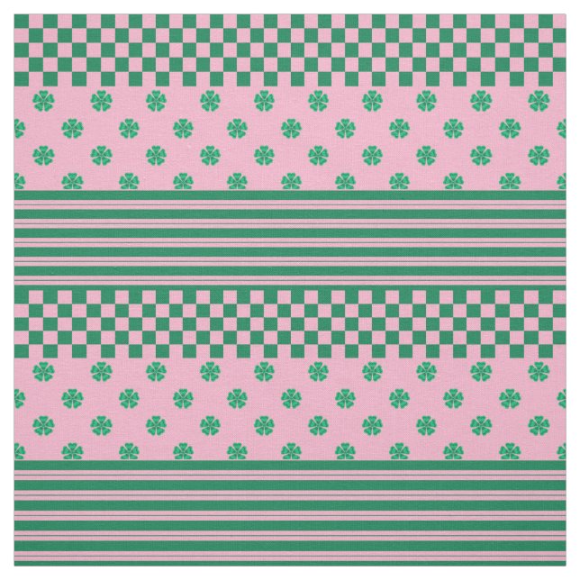 Pink Green Boho Check Floral Stripes Pattern Fabric (Swatch)