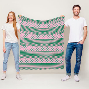 Pink Green Boho Check Floral Stripes Pattern Fleece Blanket