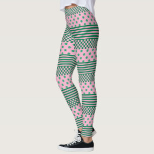 Pink Green Boho Check Floral Stripes Pattern Leggings