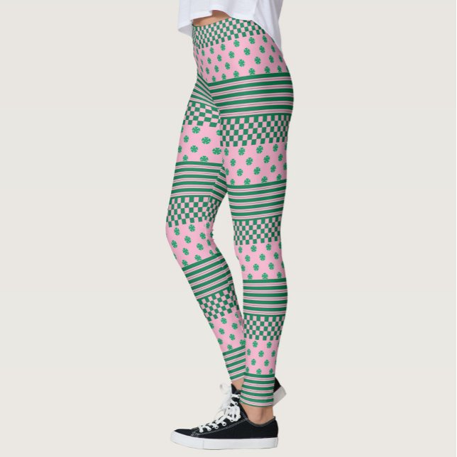 Pink Green Boho Check Floral Stripes Pattern Leggings (Creator Uploaded)