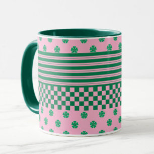Pink Green Boho Check Floral Stripes Pattern Mug