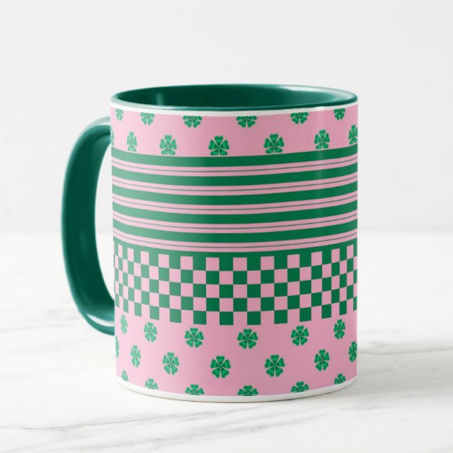 Pink Green Boho Check Floral Stripes Pattern Mug (Creator Uploaded)