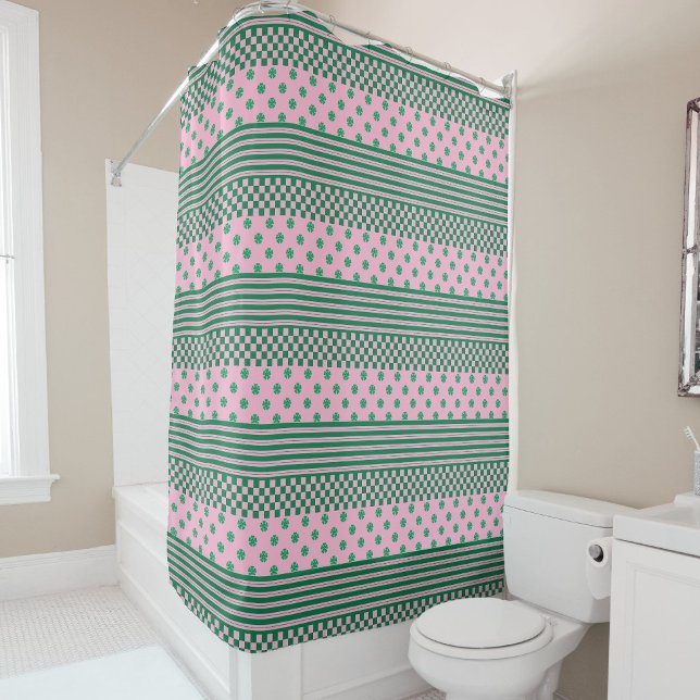 Pink Green Boho Check Floral Stripes Pattern Shower Curtain (Creator Uploaded)