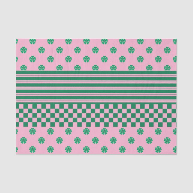 Pink Green Boho Check Floral Stripes Pattern Tissue Paper (Front)