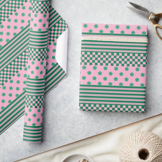 Pink Green Boho Check Floral Stripes Pattern Wrapping Paper (Creator Uploaded)