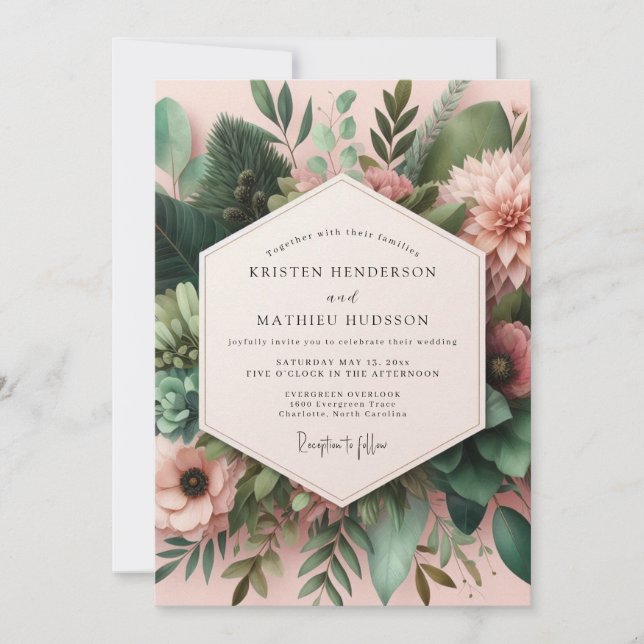 Pink Green Botanical Wedding Invitation (Front)