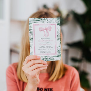 Pink & Green Bow Chinoiserie Monogram Baby Shower Invitation