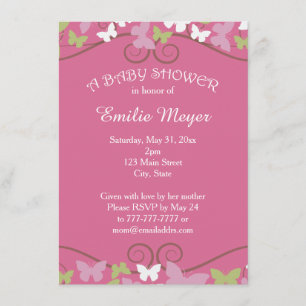 Pink Green Butterflies Baby Shower Invitation