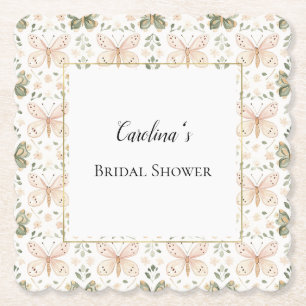 Pink Green Butterflies Bridal Shower   Paper Coaster