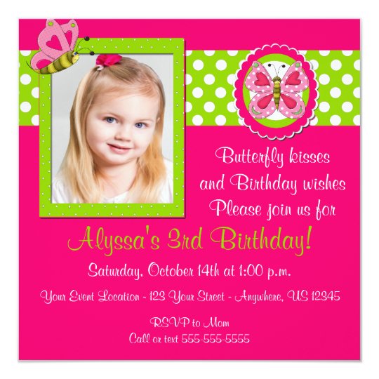 Pink Green Butterfly Birthday Invitation