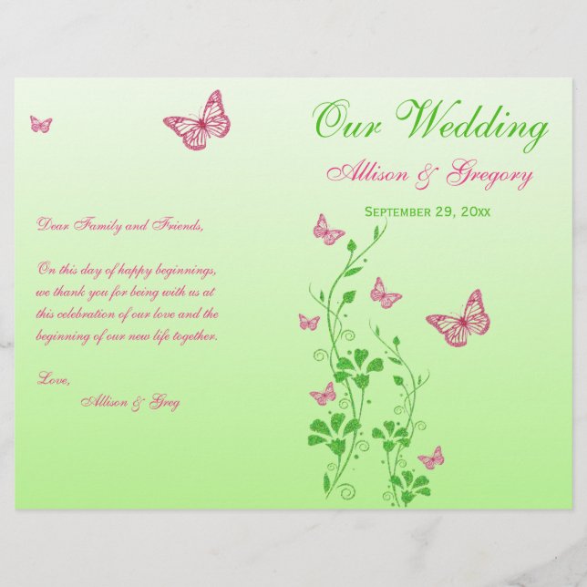 Pink, Green Butterfly Floral Wedding Program (Front)
