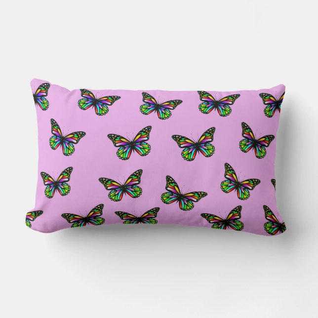 Pink & Green Butterfly Print Lumbar Throw Pillow (Front)