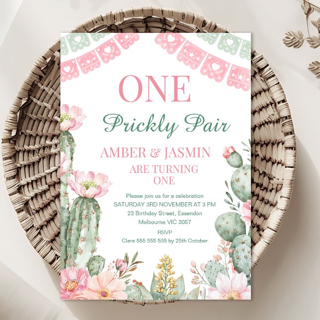 Pink Green Cactus One Prickly Pair 1st Birthday Invitation (One Prickly Pair Twin Birthday Invitation, Prickly Pair Twins First Birthday Invitation, Girls


)