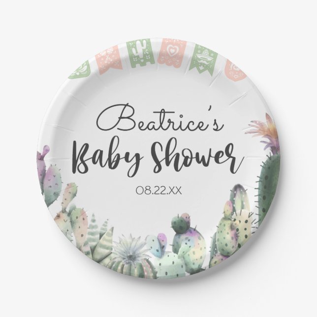 Pink Green Cactus Taco Bout A Baby Shower RSVP Paper Plate (Front)