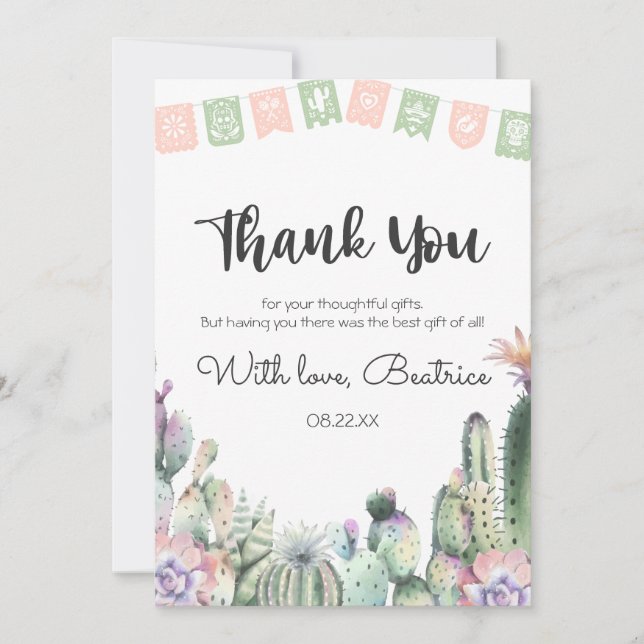 Pink Green Cactus Taco Bout A Baby Shower RSVP Thank You Card (Front)
