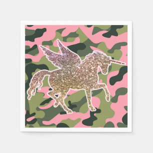 Pink Green Camo Camouflage & Gold Glitter Unicorn Napkin