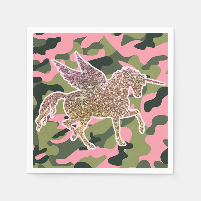 Pink Green Camo Camouflage & Gold Glitter Unicorn Napkin (Front)