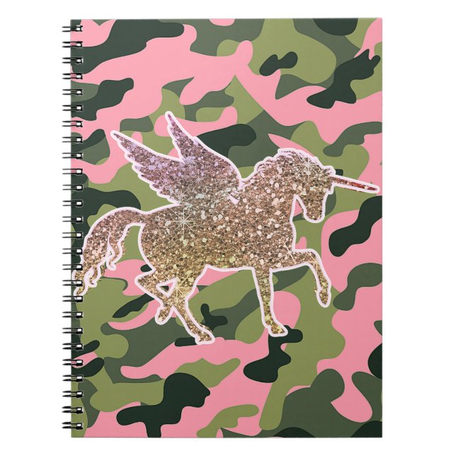 Pink Green Camo Camouflage & Gold Glitter Unicorn Notebook (Front)