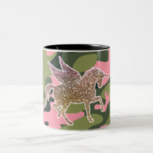 Pink Green Camo Camouflage & Gold Glitter Unicorn Two-Tone Coffee Mug