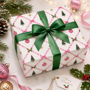 Pink Green Candy Cane Trellis Preppy Christmas Wrapping Paper