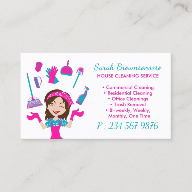Pink Green Cartoon House Cleaning Service Business Card (Front)
