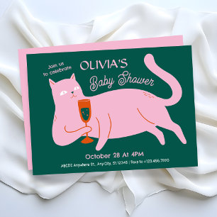 Pink green cat cute baby shower invitation