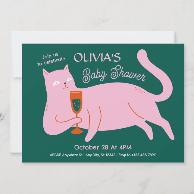 Pink green cat cute baby shower invitation (Front)