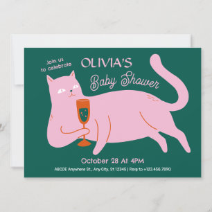 Pink green cat cute baby shower invitation