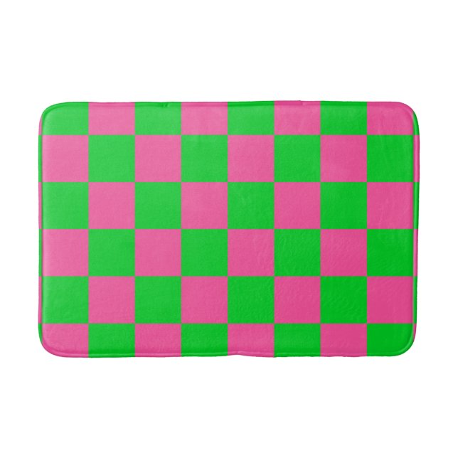 Pink Green Chequered Check Pattern Bath Mat (Front)