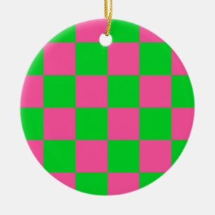 Pink Green Chequered Check Pattern Ceramic Ornament
