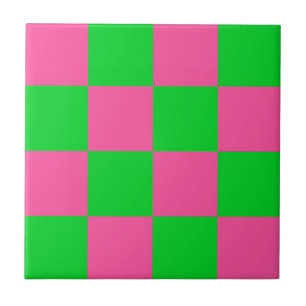 Pink Green Chequered Check Pattern Ceramic Tile