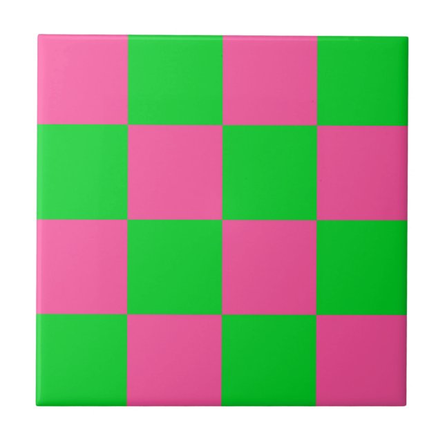 Pink Green Chequered Check Pattern Ceramic Tile (Front)