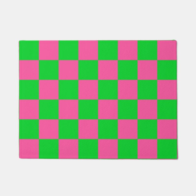 Pink Green Chequered Check Pattern Doormat (Front)